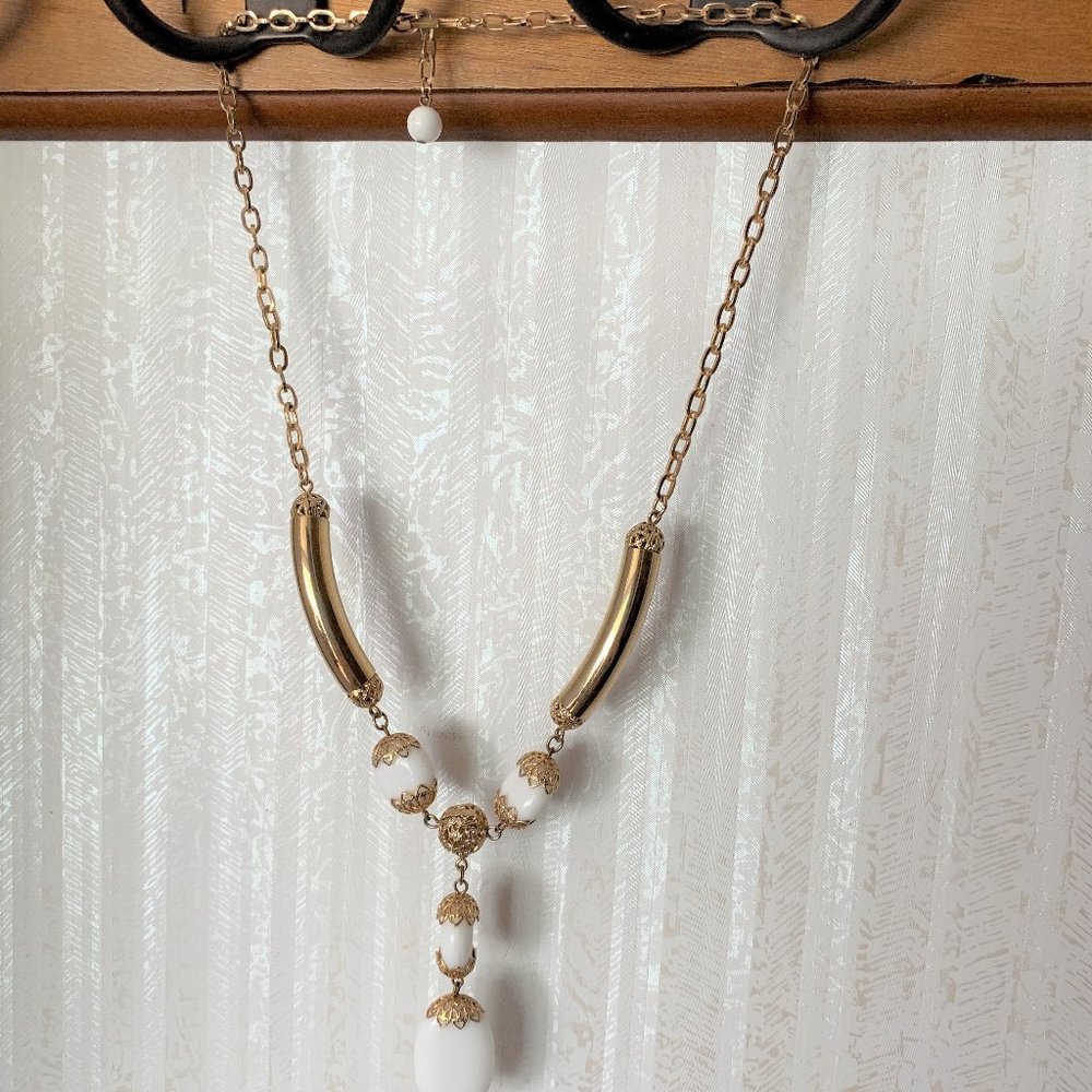 JEWELRY - 13in Boho Y Drop Artisan fashion drop necklace white beads gold metal